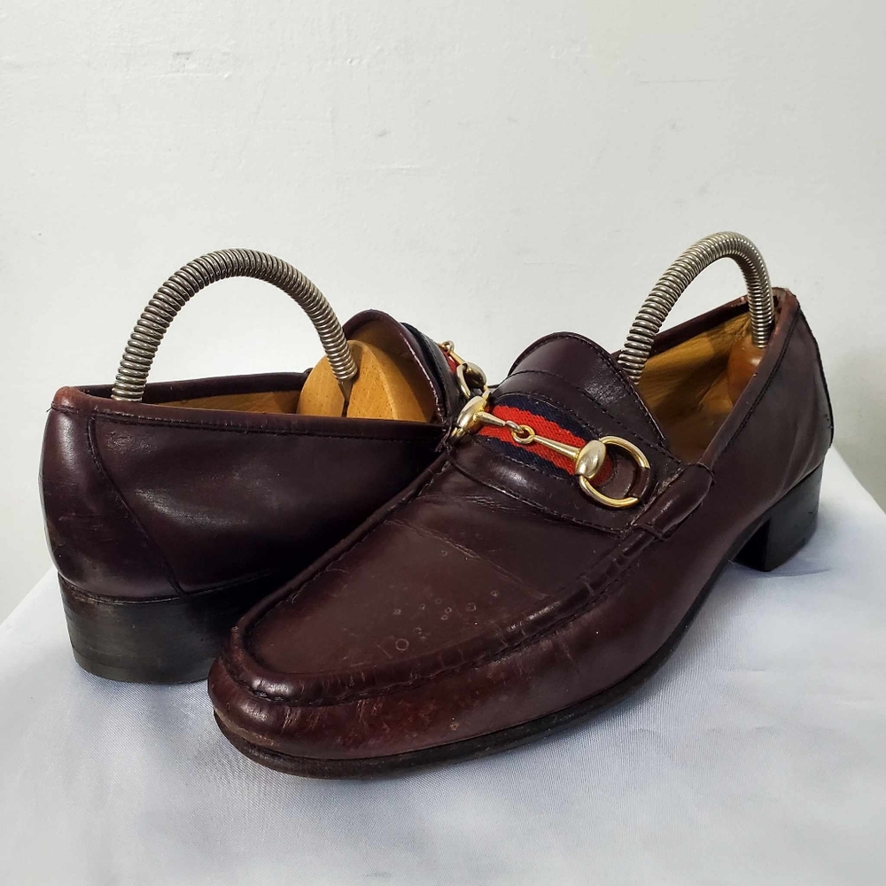 Gucci Brown Leather Loafers with Red and Gold Accents